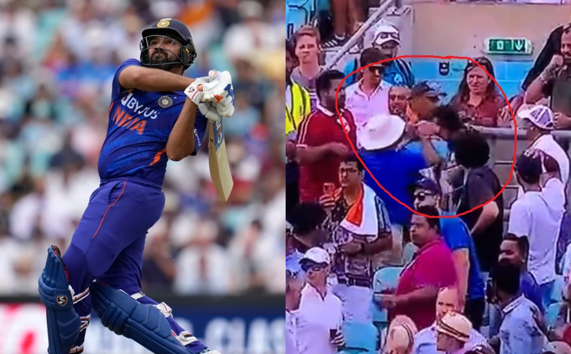 Rohit Sharma's six hit a kid in the stands | Twitter/Getty