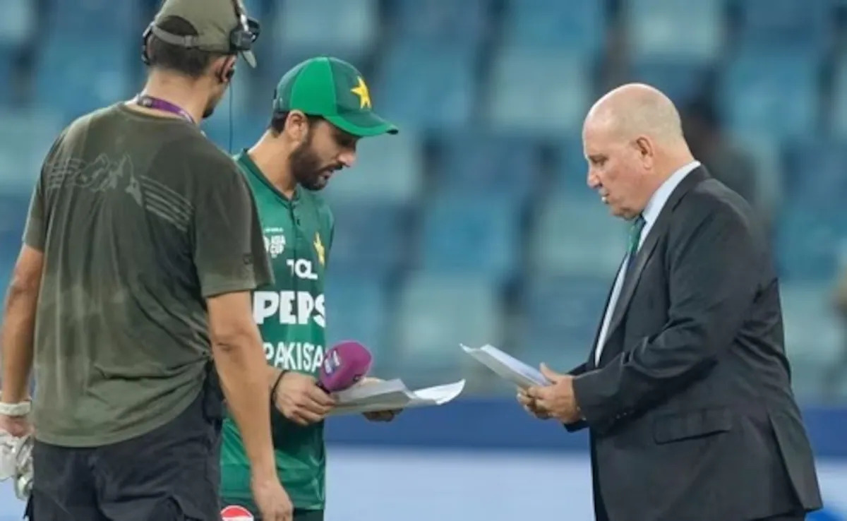 Salman Agha and Andy Pycroft before toss in PAK v UAE game | X