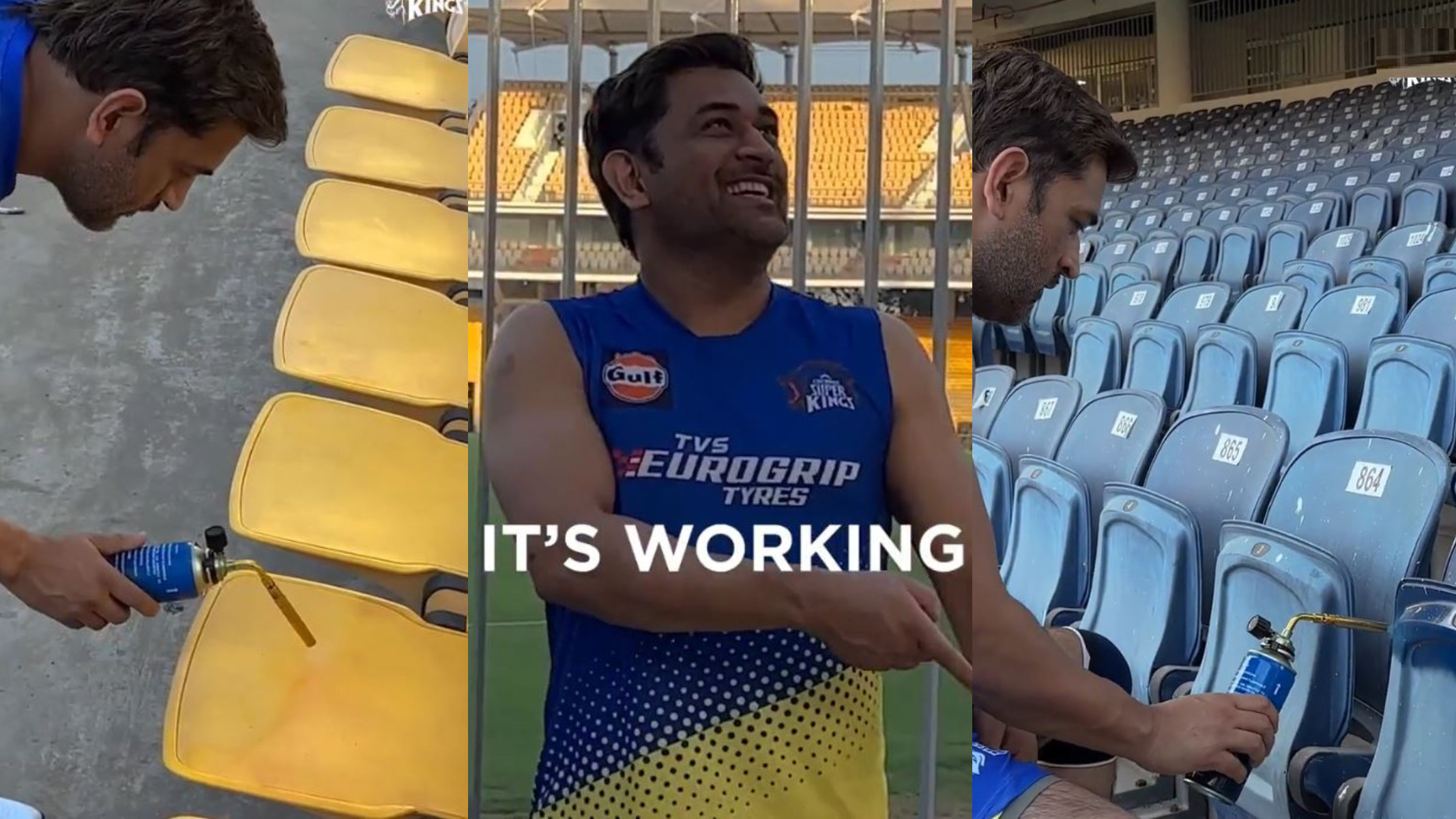 IPL 2023: WATCH- MS Dhoni uses blowtorch to renew the paint of plastic chairs in Chepauk stands