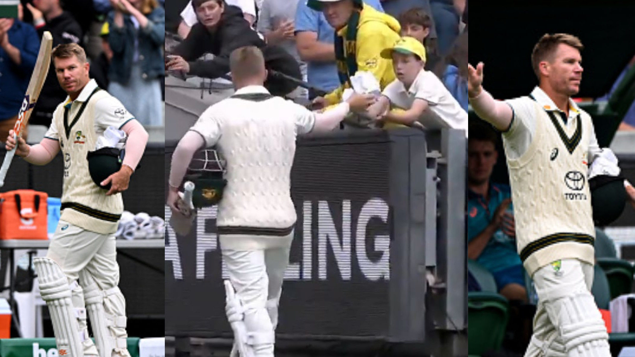 AUS v PAK 2023-24: WATCH- David Warner gives his gloves to a kid as he walks out of MCG as Test batter for last time