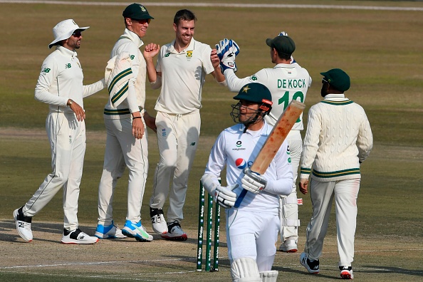 Anrich Nortje celebrates five-wicket haul with teammates | Getty Images