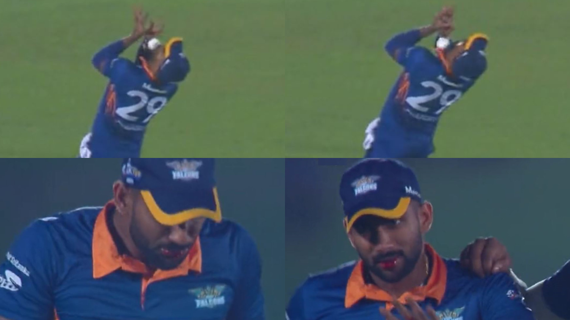 WATCH- Chamika Karunaratne loses 4 teeth in freak incident while taking a catch in LPL 2022