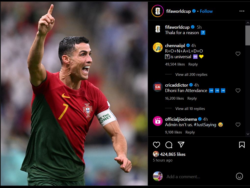 Fifa's MS Dhoni inspired post for Cristiano Ronaldo | Instagram Screenshot