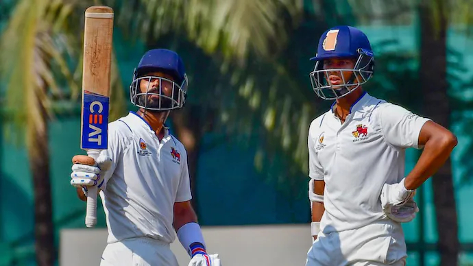 Rahane (204) and Jaiswal (162) added 206 runs for 3rd wicket for Mumbai v Hyderabad | AP
