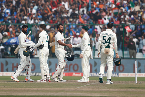 India and Australia players shake hands after India wins the Delhi Test by 6 wickets | Getty