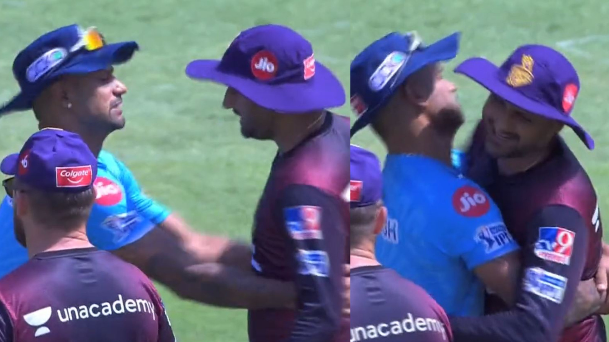 IPL 2021: WATCH- Shikhar Dhawan greets Harbhajan Singh with a jokingly forceful hug