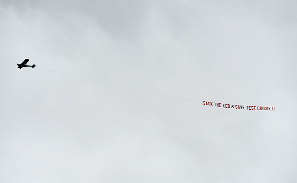 A plane flew over Leeds with sack ECB and save Test cricket message on it | Getty