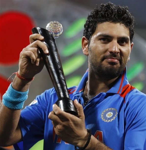 Yuvraj Singh with the 2011 World Cup Player of the Tournament trophy
