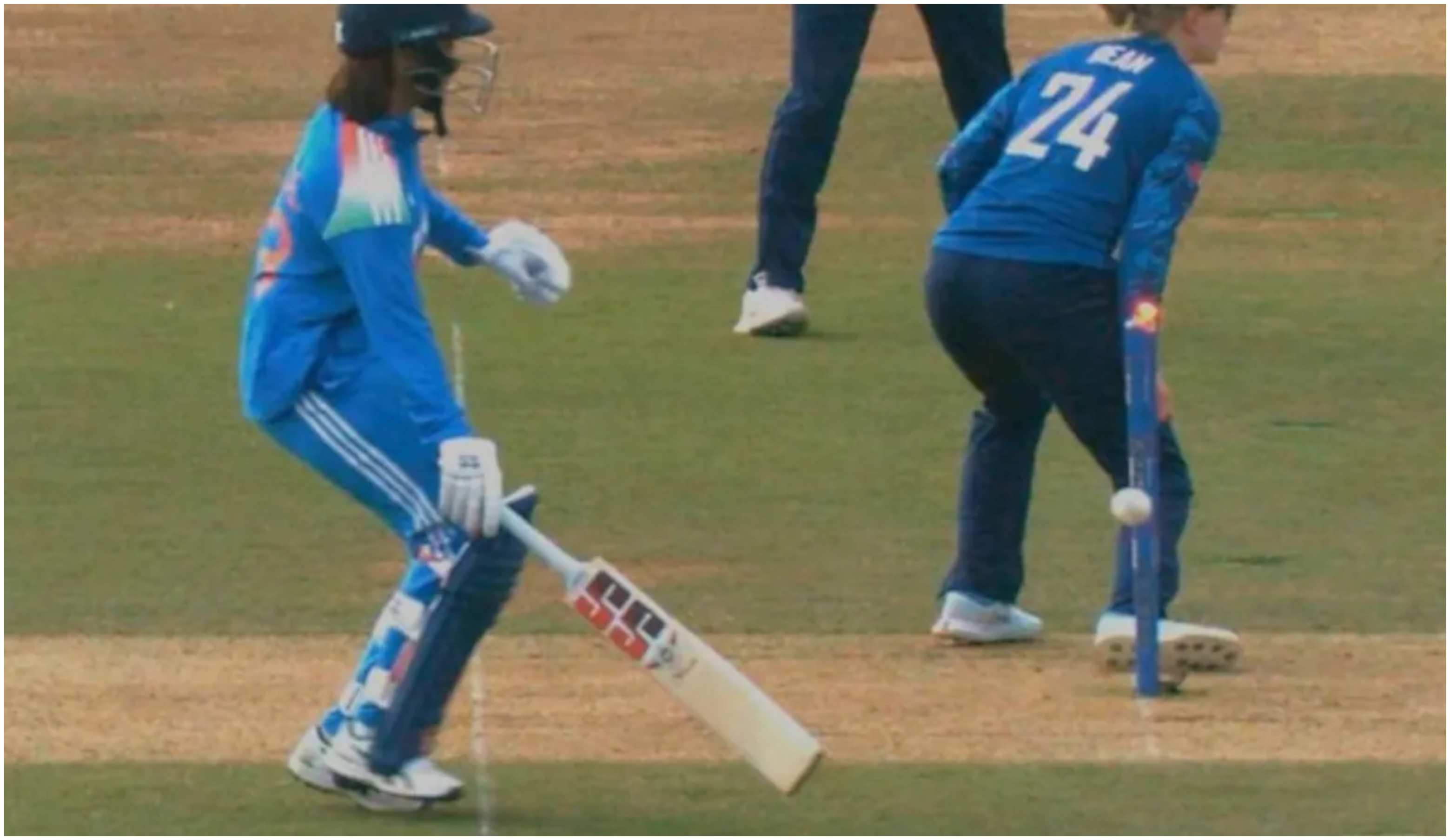 A screengrab of Harleen Deol's dismissal against England | X