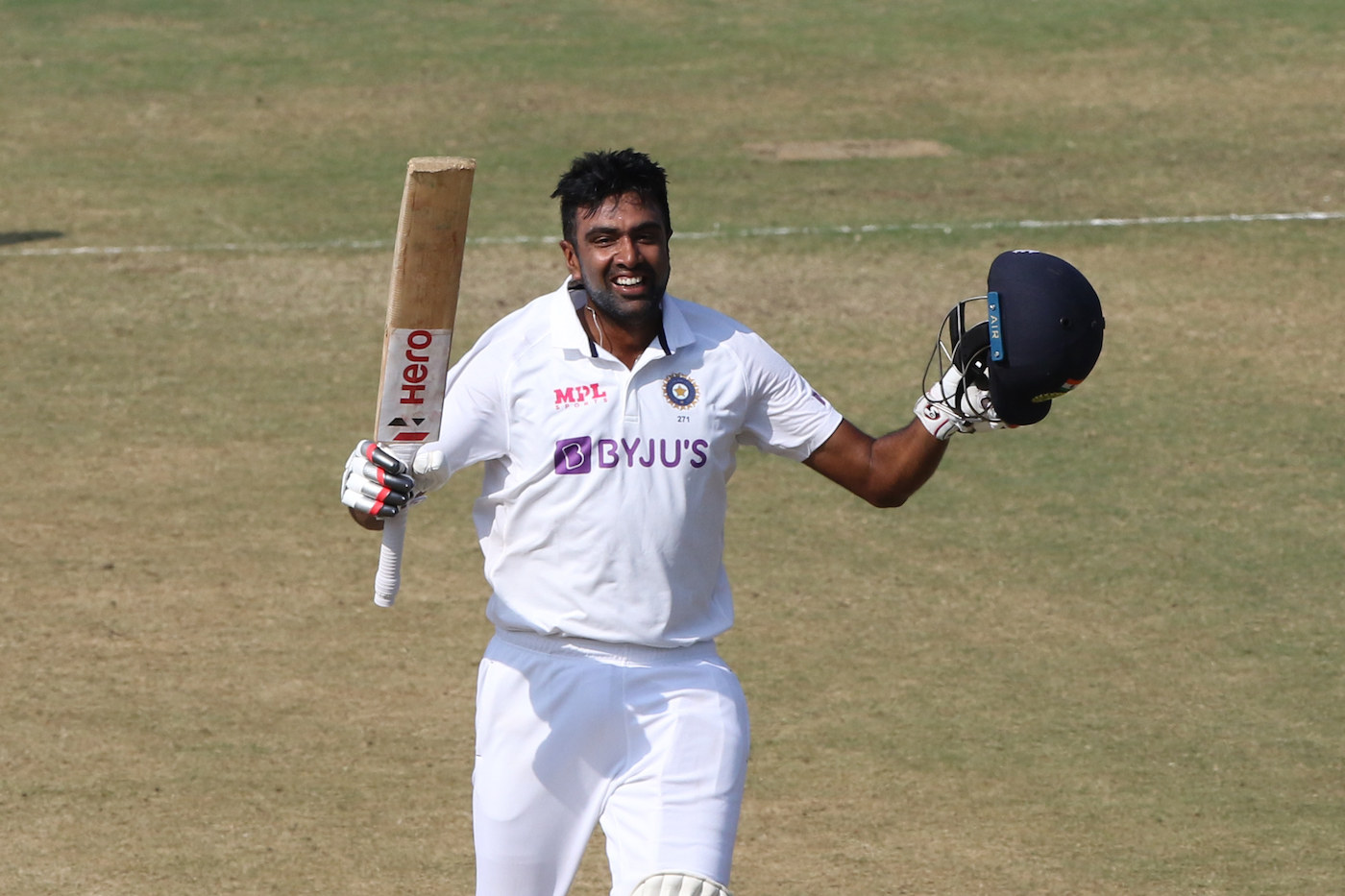 R Ashwin celebrating his Test hundred against England | BCCI