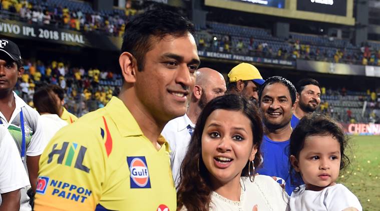 MS Dhoni with daughter Ziva and wife Sakshi during the IPL 2018 final