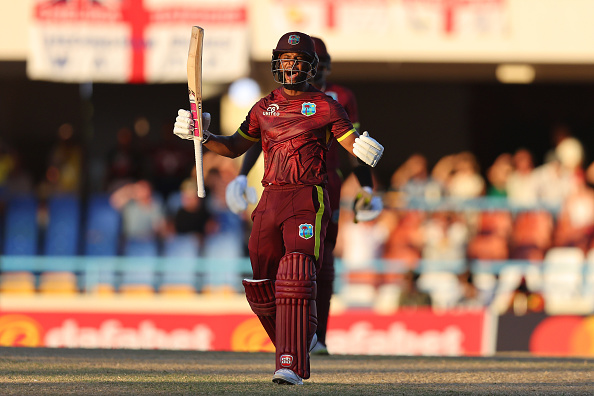 Shai Hope celebrates his century in the first ODI against England | Getty