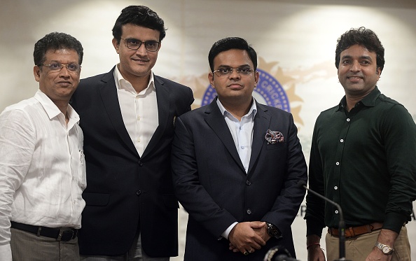Arun Dhumal (extreme right) along with Sourav Ganguly and Amit Shah | Getty