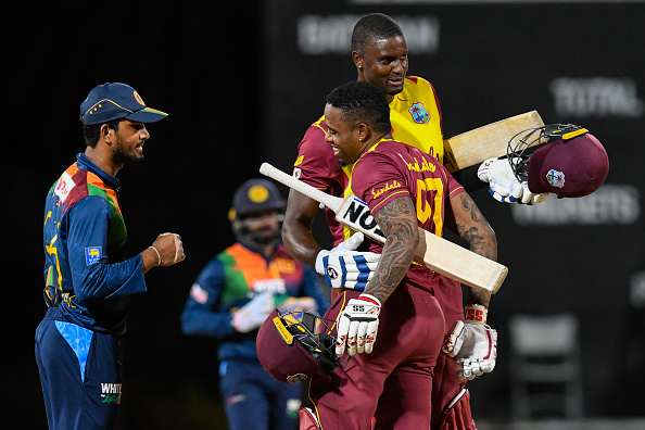 Fabian Allen and Jason Holder celebrate winning the 3rd T20I and series over Sri Lanka | Getty Images