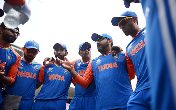 Rohit Sharma addressing his team in the huddle before the T20 World Cup 2024 final | Getty