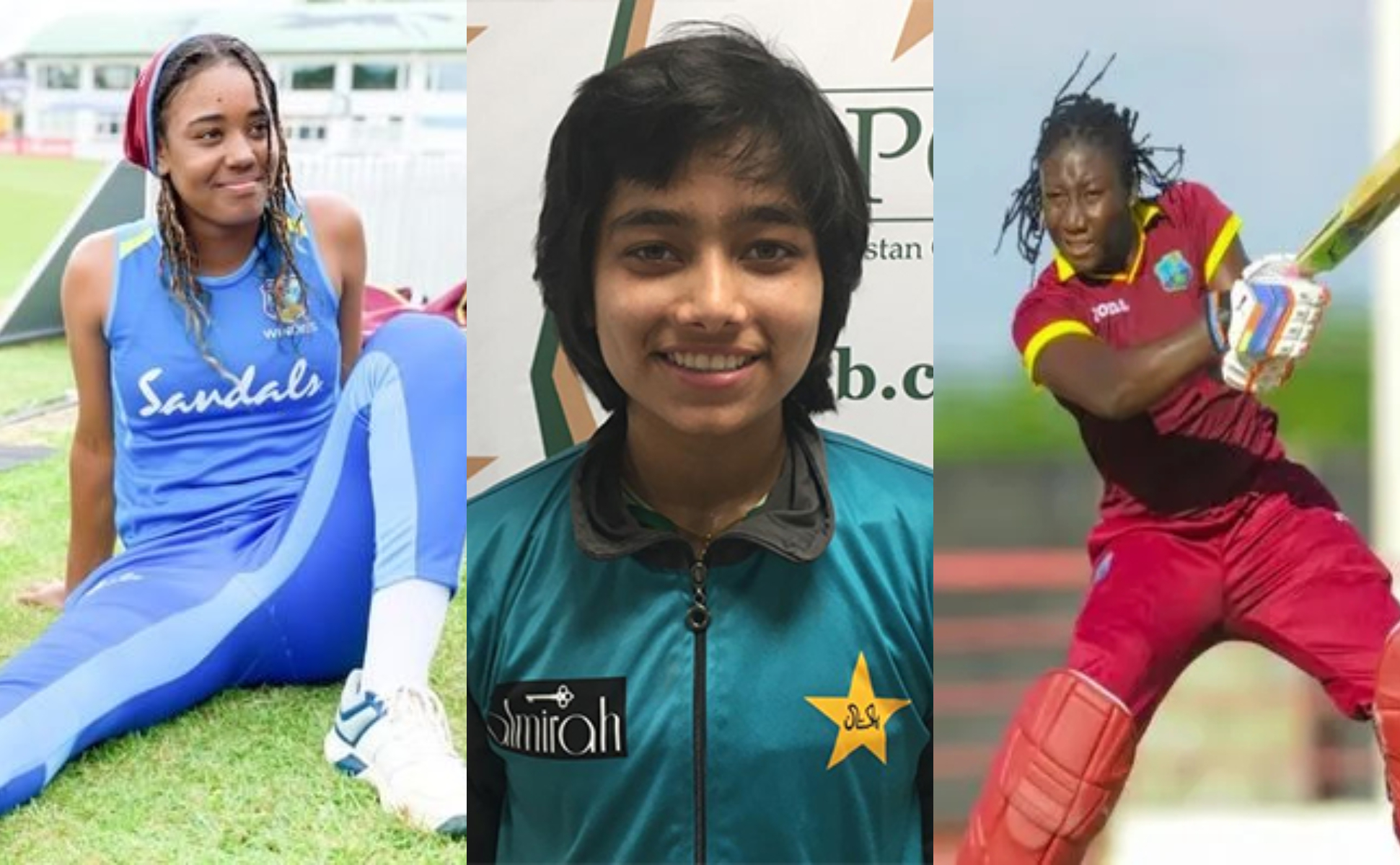 Hayley Matthews (WI), Fatima Sana (PAK) and Stafanie Taylor (WI)