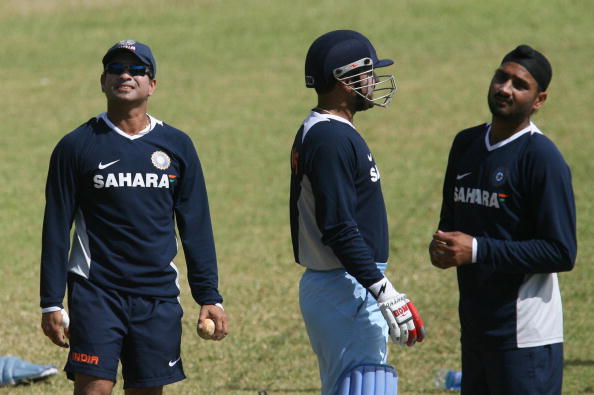 Sachin Tendulkar, Virender Sehwag and Harbhajan Singh during practice | Getty