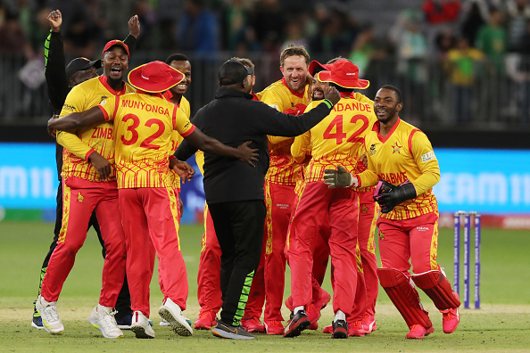 Zimbabwe team celebrates after defeating Pakistan by 1 run | Getty