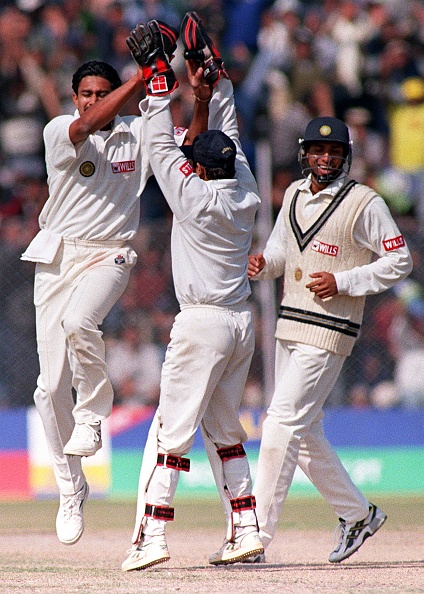 Laxman took Akram's catch to give Kumble his 10th wicket in the innings | Getty