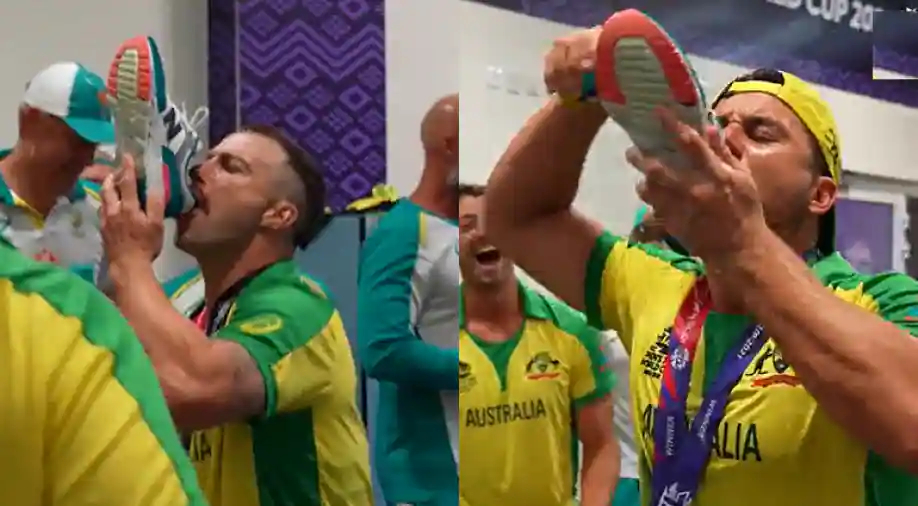 Wade and Stoinis celebrated T20 WC win by drinking beer out of a shoe | Instagram