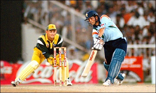 Sachin Tendulkar during his desert storm innings of 143 against Australia in Sharjah, Coca Cola Cup 1998