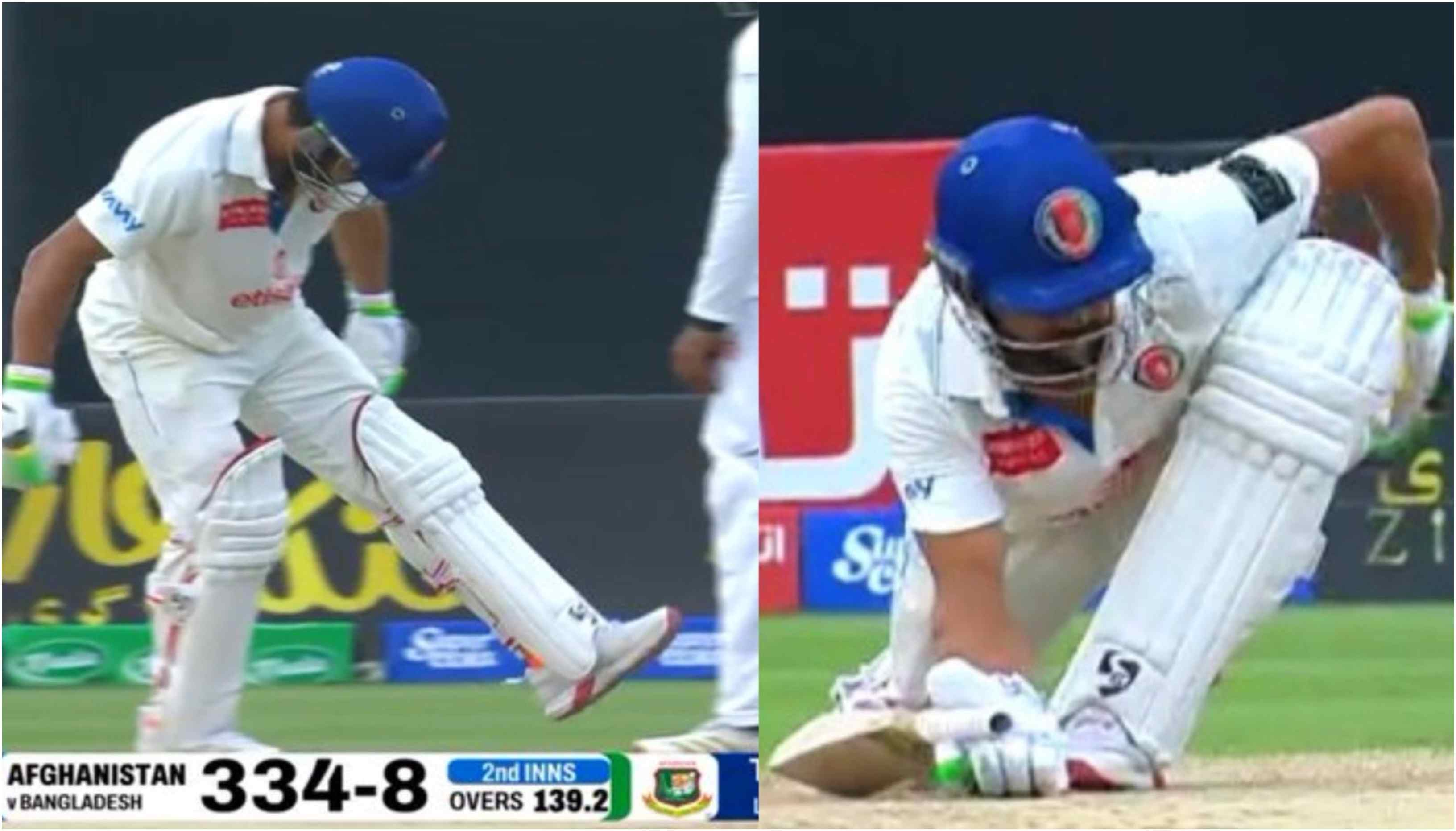 Qais Ahmad collapsed to the ground clutching his left hamstring | X