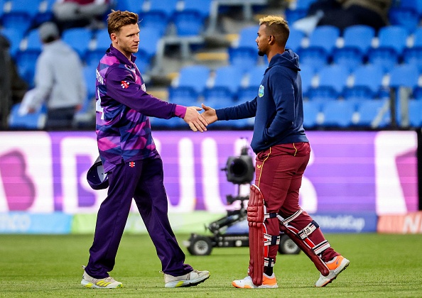 The two captains Richie Berrington of Scotland and Nicholas Pooran of West Indies shake hands after the match | Getty