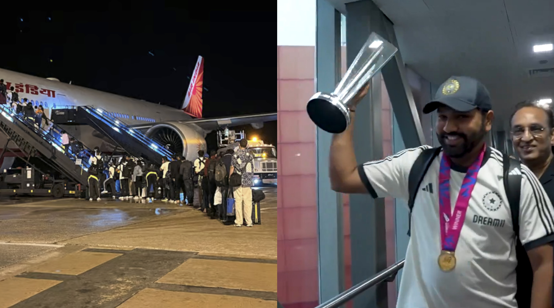 Team India boarding the plane in Barbados and Rohit Sharma after arriving in Delhi | X